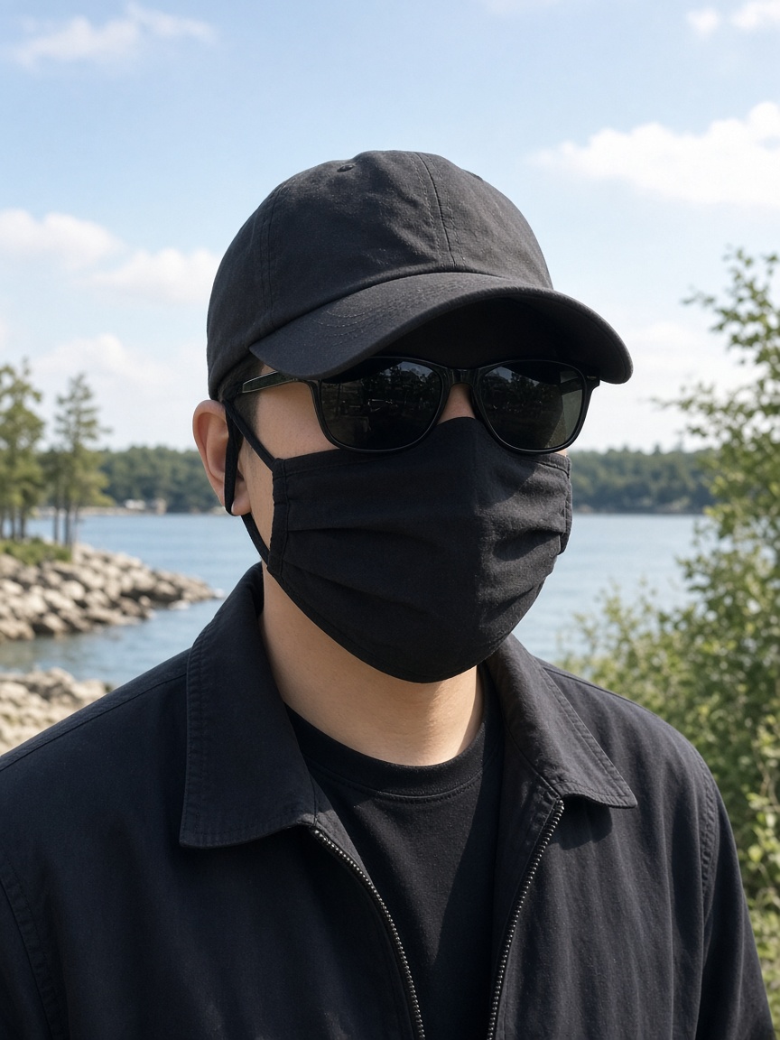 Face hidden by sunglasses, a cap, and a mask