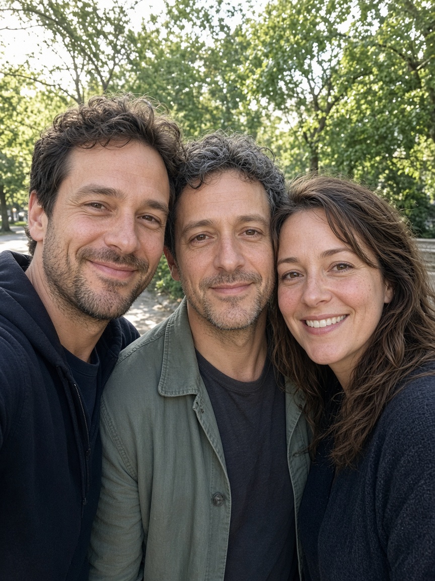 Three people crowded into one group photo