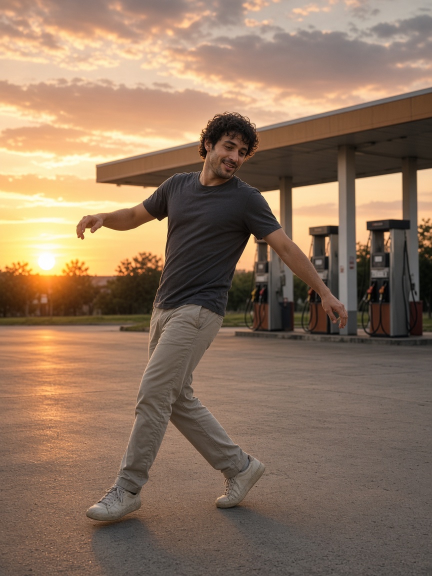 One person dancing full body on a gas station forecourt at sunset