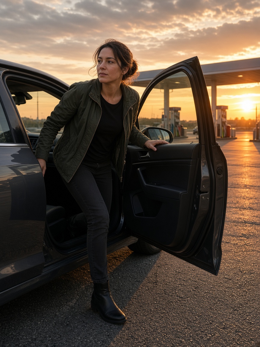 Stepping out of an open car door at a gas station at sunset