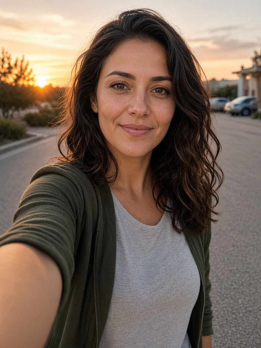 Walking selfie looking into the camera at sunset